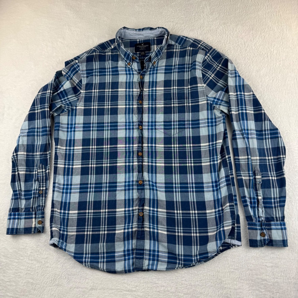 American Eagle Button Down Shirt Mens Large Blue Plaid Classic Fit Cotton L Long
